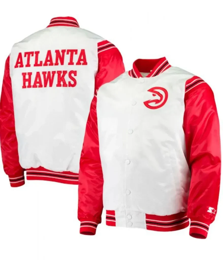 Atlanta Hawks Renegade Bomber Red and White Satin Jacket