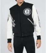 Brooklyn Nets Logo Black and White Letterman Jacket