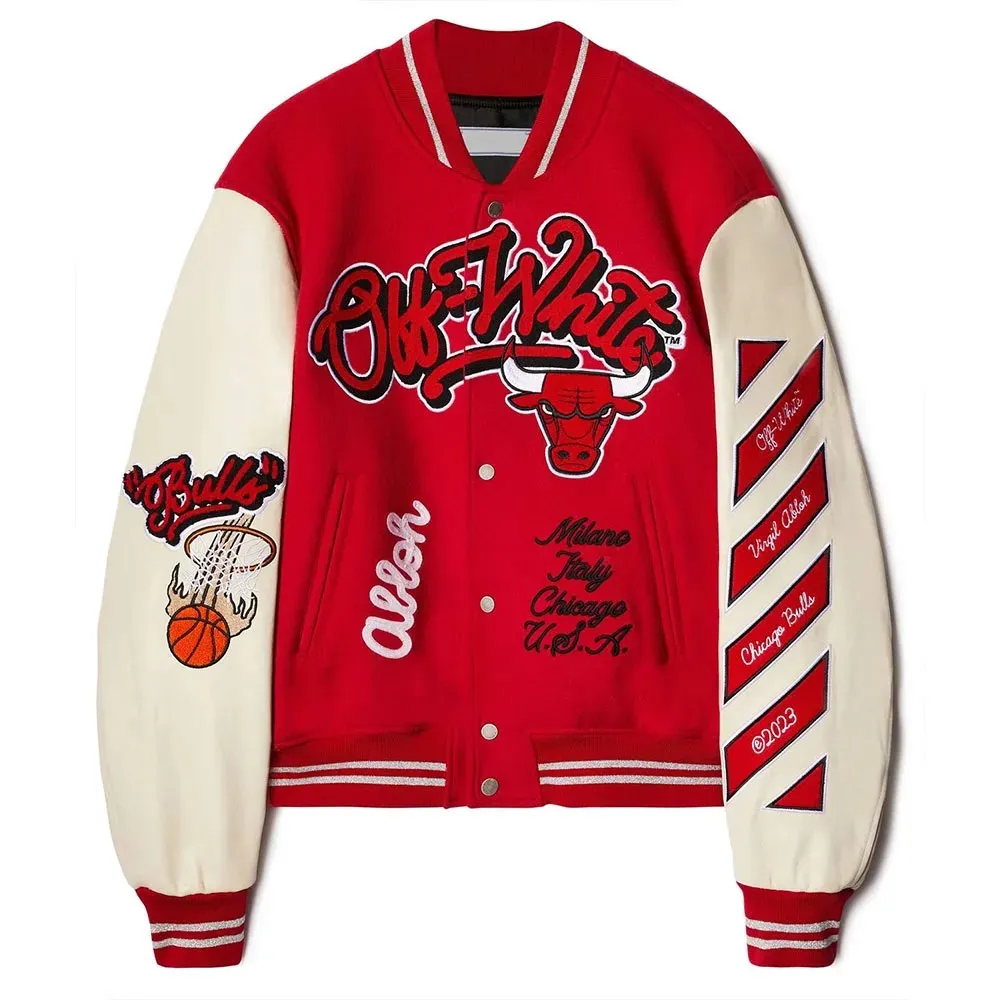 Chicago Bulls Off-White Red Leather Varsity Jacket