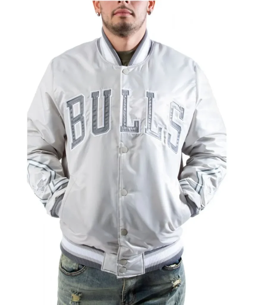 Chicago Bulls Satin Silver Bomber Varsity Jacket