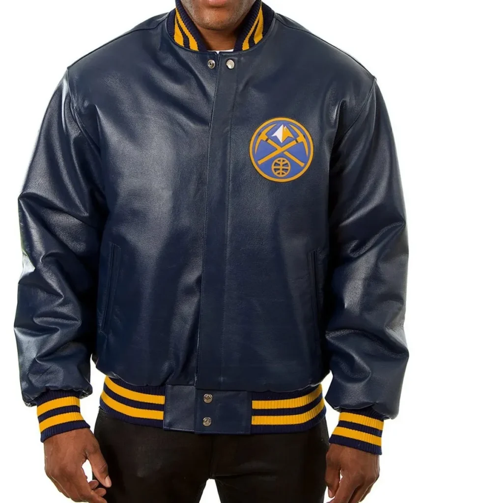 Denver Nuggets Navy Blue Varsity Leather Jacket