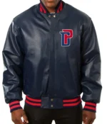 Detroit Pistons Navy Blue Leather Varsity Jacket