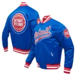 Detroit Pistons Script Tail Blue Satin Varsity Jacket