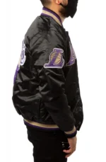 Los Angeles Lakers Black and Purple Satin Starter Varsity Bomber Jacket