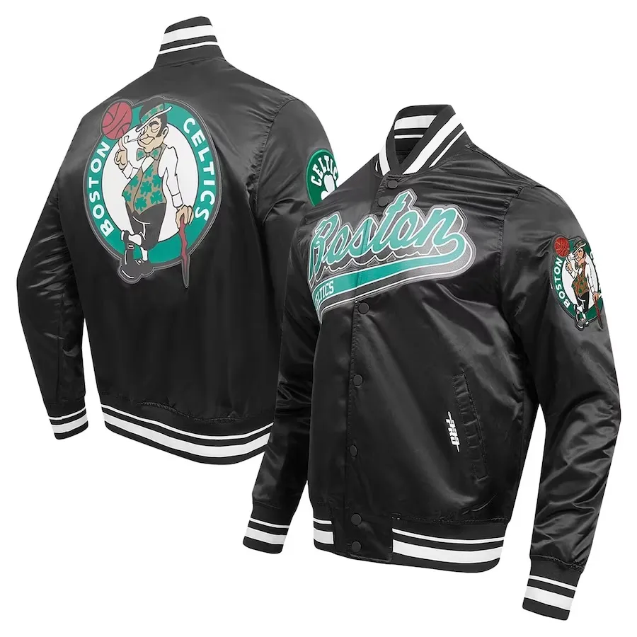 Men’s Boston Celtics Tail Pro Standard Script Black Full-Snap Satin Varsity Jacket