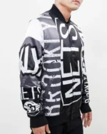 Mens Brooklyn Nets Mashup Printed Satin Varsity Jacket