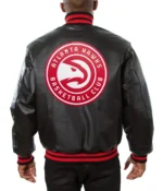 Mens NBA Atlanta Hawks Black Leather Bomber Varsity Jacket