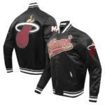 Miami Heat Script Tail Full-Snap Black Satin Varsity Jacket