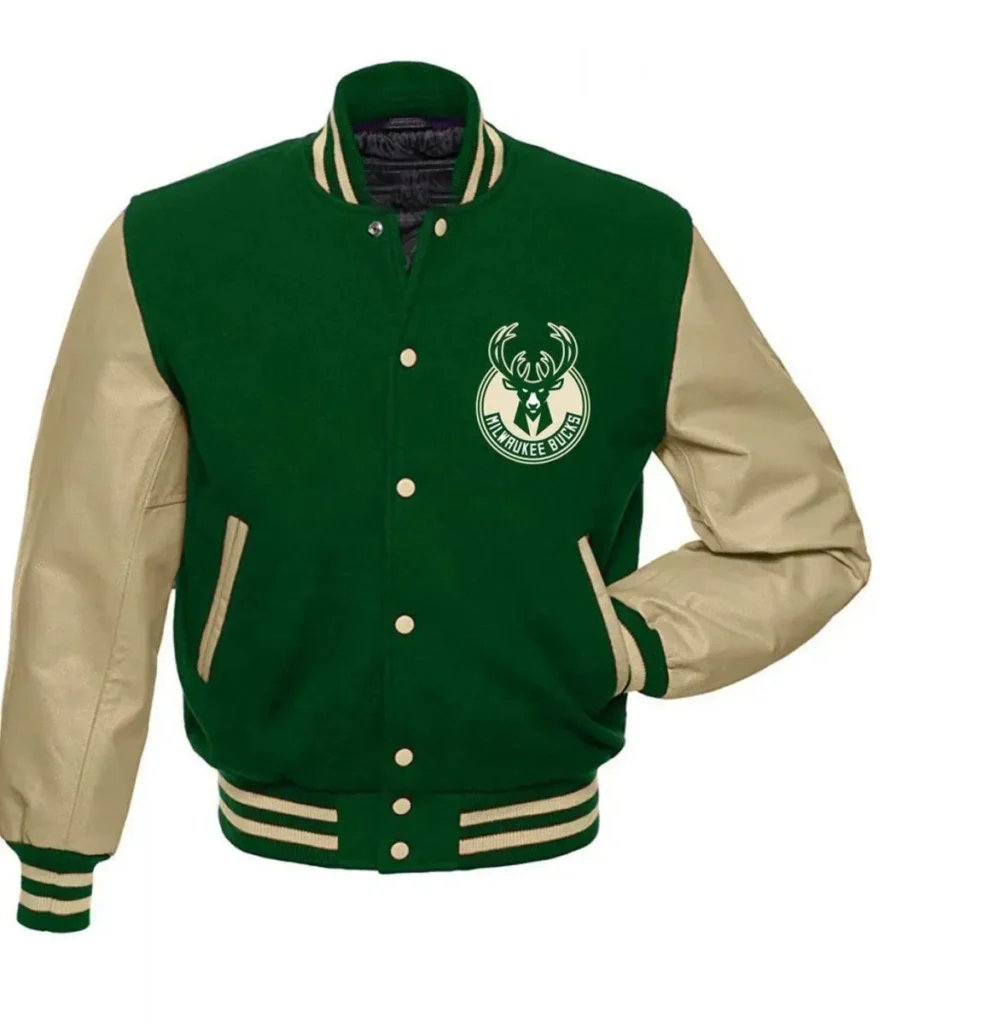 Milwaukee Bucks Beige and Green Letterman Jacket