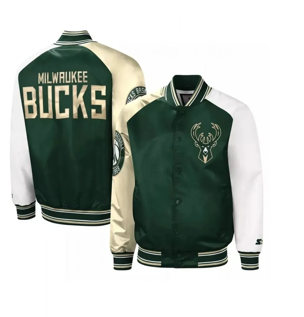 Milwaukee Bucks Hunter Green and Cream Varsity Satin Jacket