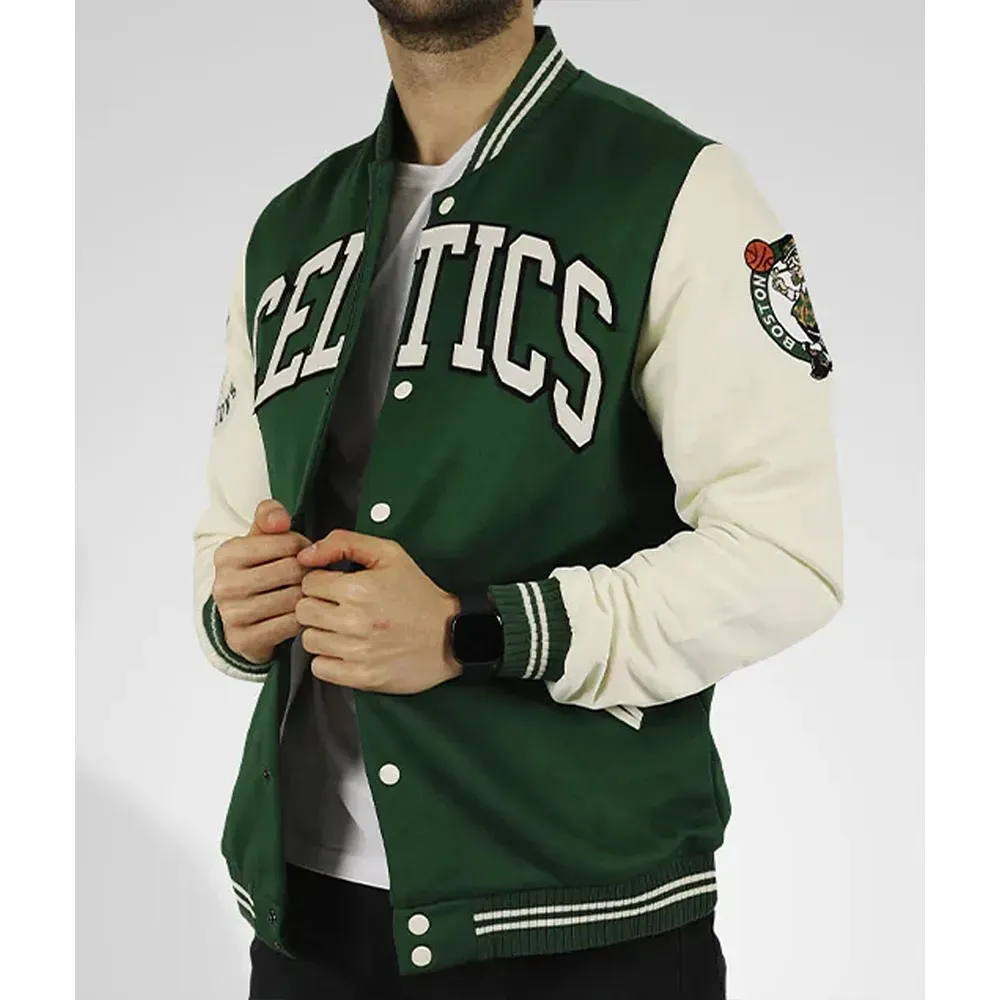 NBA Boston Celtics Green and Off White Varsity Full-Snap Jacket