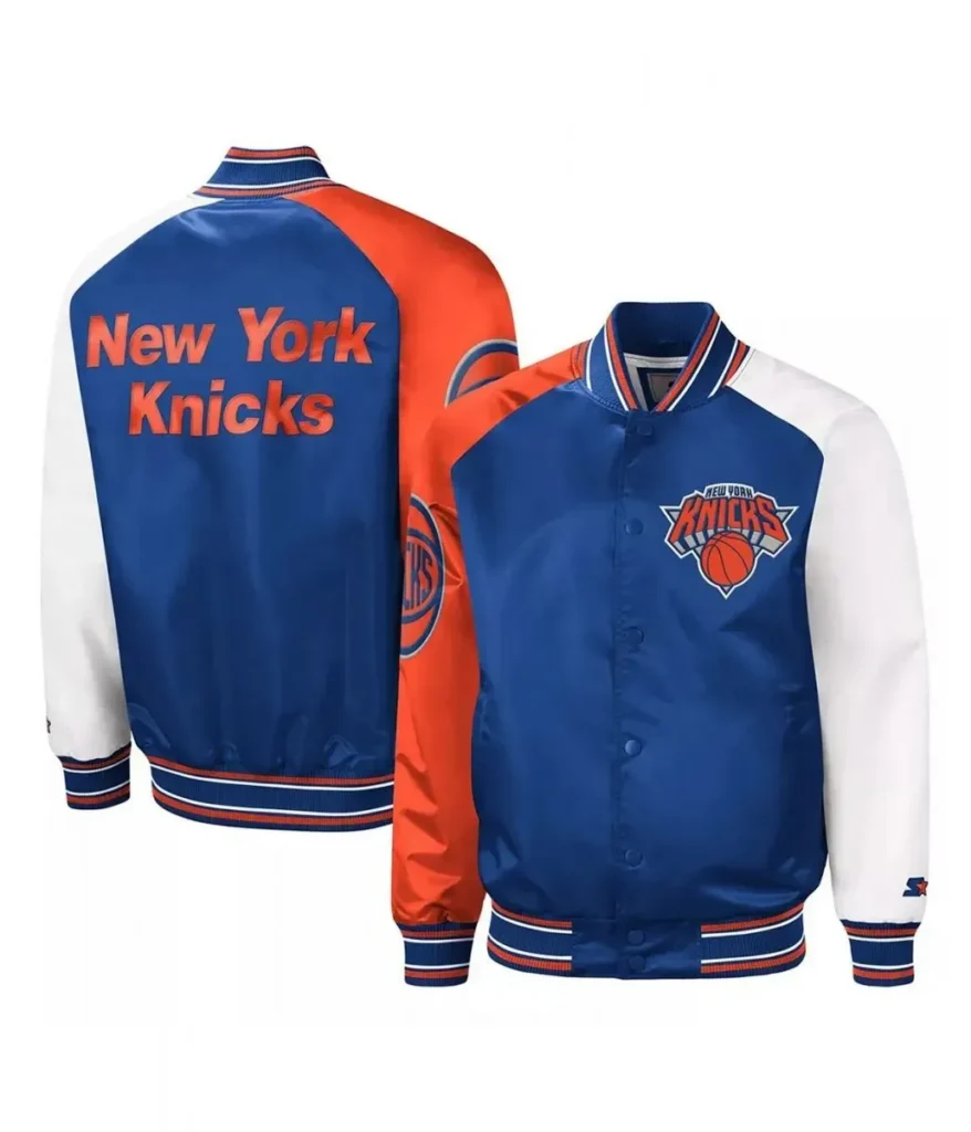 NY Knicks Reliever Raglan Royal Blue and Orange Satin Jacket