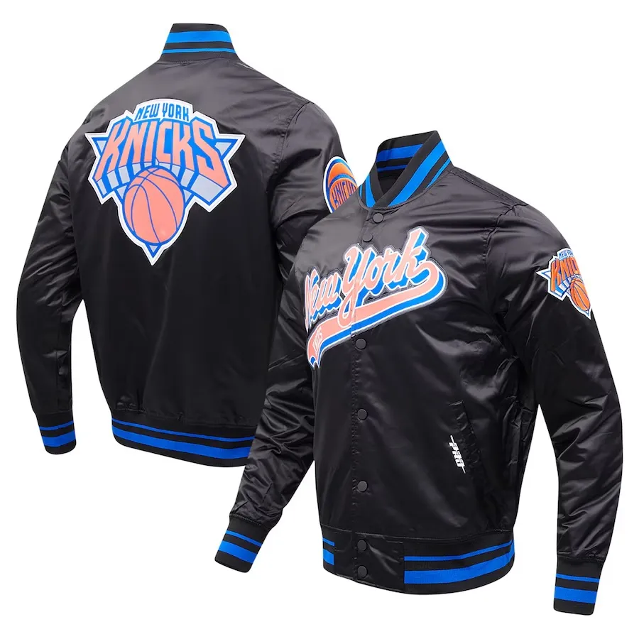 New York Knicks Script Tail Satin Varsity Jacket