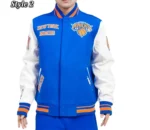 Retro Classic NY New York Knicks Royal White Wool & Leather Varsity Full-Snap Jacket