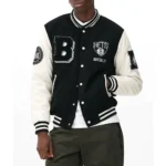 Brooklyn Nets Black and Off White Full-Snap Wool and Leather Varsity Jacket