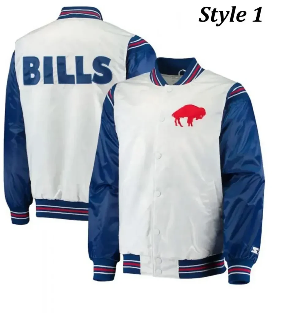 Buffalo Bills Bomber Blue and White Starter Satin Jacket3