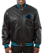 Carolina Panthers Black Leather Bomber Varsity Jacket