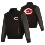 Cincinnati Reds Full-Snap Varsity Wool and Leather Black Jacket