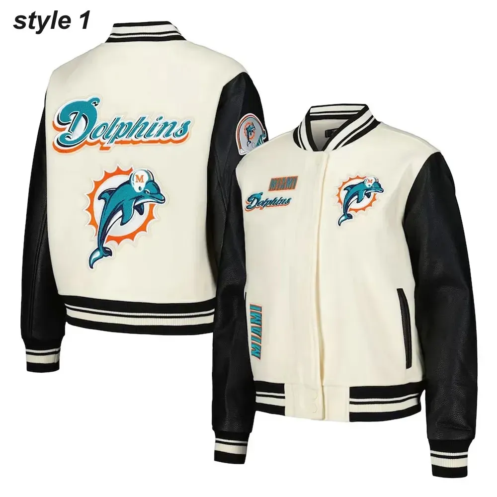 Classic Retro Miami Dolphins Black and Cream Varsity Wool Leather Jacket