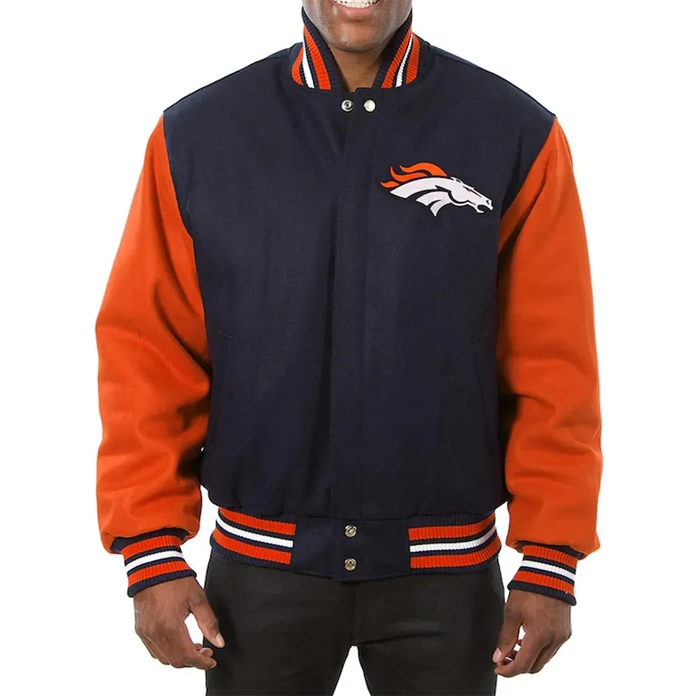 Denver Broncos Blue and Orange Orange Wool Varsity Jacket1