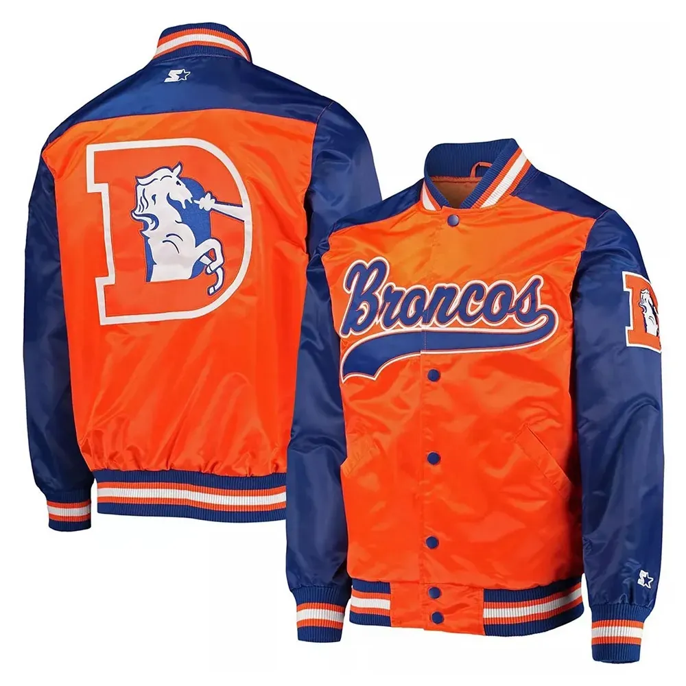 Denver Broncos Blue and Orange Varsity Satin Jacket1