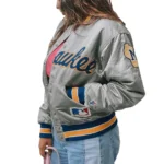 Grey Rare Baseball Milwaukee Brewers Varsity Satin Jacket