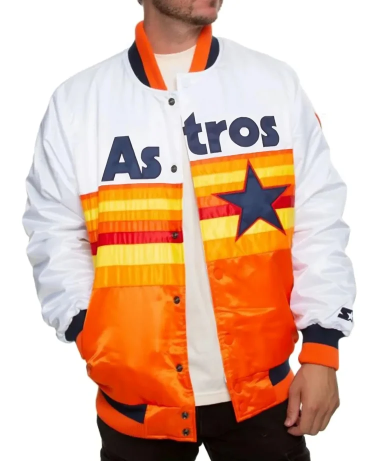 Houston Astros White And Orange Satin Bomber Jacket