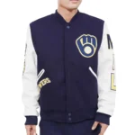 Milwaukee Brewers Blue and White Letterman Jacket