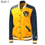 Milwaukee Brewers Gold and Navy Varsity Satin Jacket1