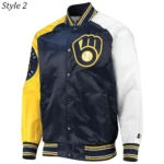 Milwaukee Brewers Gold and Navy Varsity Satin Jacket2