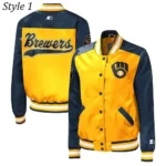 Milwaukee Brewers Gold and Navy Varsity Satin Jacket5