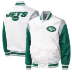 NY Jets Throwback Warm Up Pitch Varsity Satin Jacket