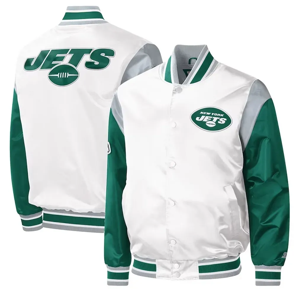 NY Jets Throwback Warm Up Pitch Varsity Satin Jacket