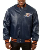 Oklahoma City Thunder Navy Blue Leather Varsity Jacket