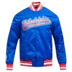 Philadelphia 76ers Script Tail Royal Varsity Satin Jackets