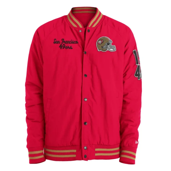 SF 49ers Red Nylon Full-Snap Button Varsity Jacket