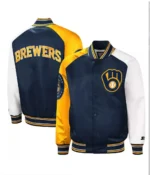 Starter Milwaukee Brewers Reliever Navy and Yellow Varsity Raglan Full-Snap Satin Jacket