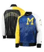 Starter Milwaukee Brewers Tri-Color Varsity Royal and Yellow Satin Jacket