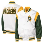 White Throwback Warm Up Pitch Green Bay Packers Varsity Full-Snap Satin Jacket