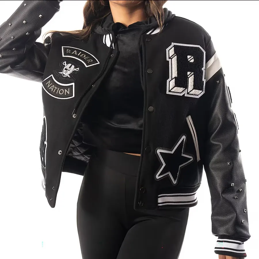 Womens Las Vegas Raiders The Wild Collective Black Varsity Full-Snap Jackets