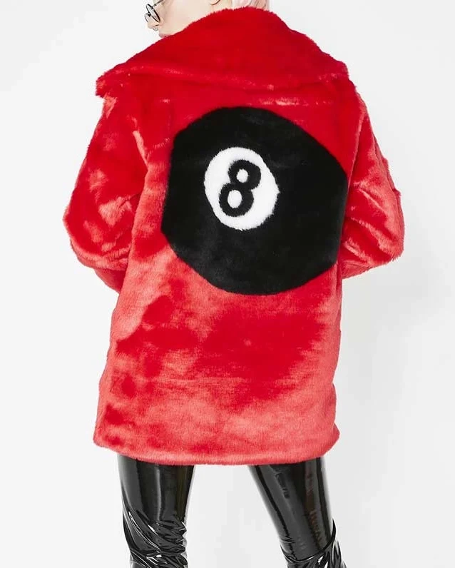 8 Ball Logo Printed Red Fur Jacket