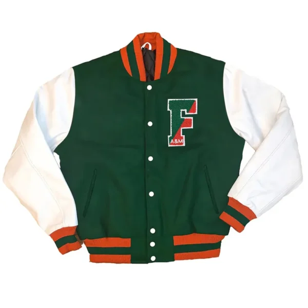 Famu Green White Wool And Leather Varsity Jacket