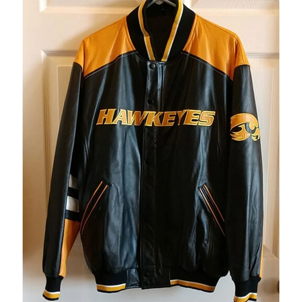 Iowa Hawkeyes Black and Gold Varsity Real Leather Jacket