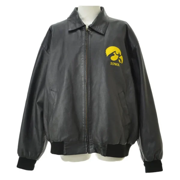 Iowa Hawkeyes Logo Black Bomber Real Leather Jacket