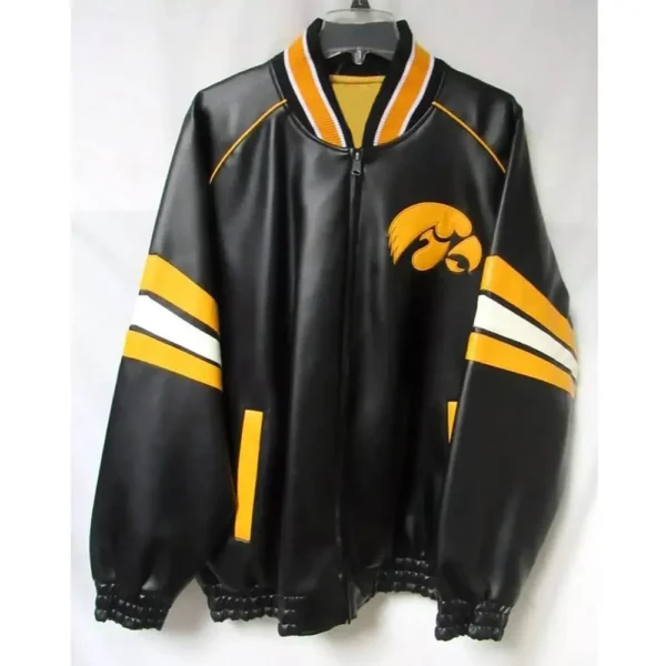 Iowa Hawkeyes Striped Black Real Leather Jacket