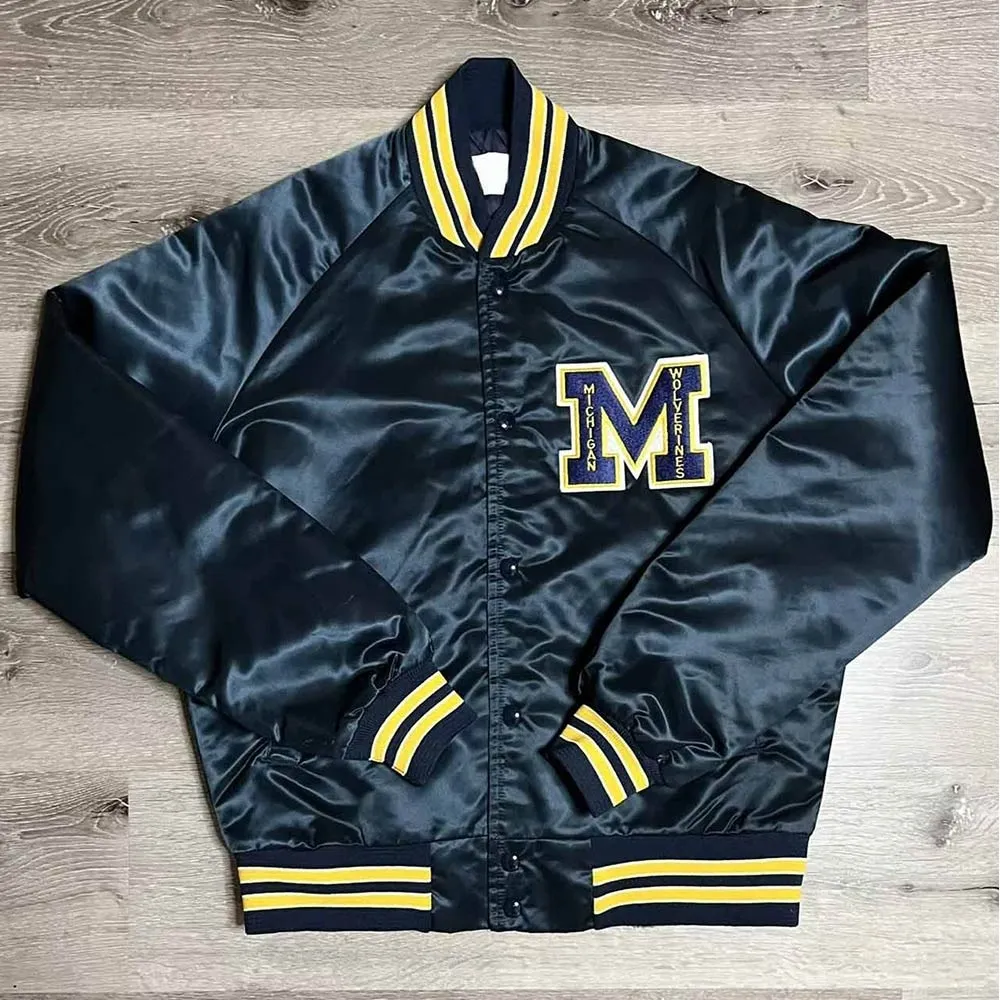 Michigan Wolverines Spellout Navy Real Satin Jacket