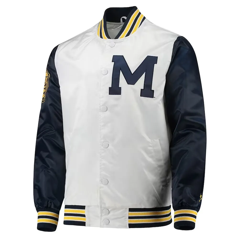 Michigan Wolverines White and Navy Varsity Real Satin Jacket