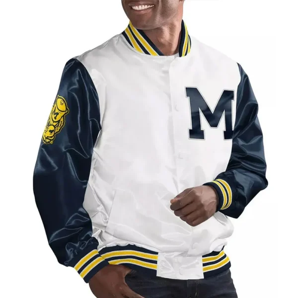 Michigan Wolverines White and Navy Varsity Real Satin Jackets