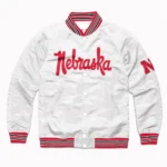 Script Nebraska Huskers White Varsity Real Satin Jacket