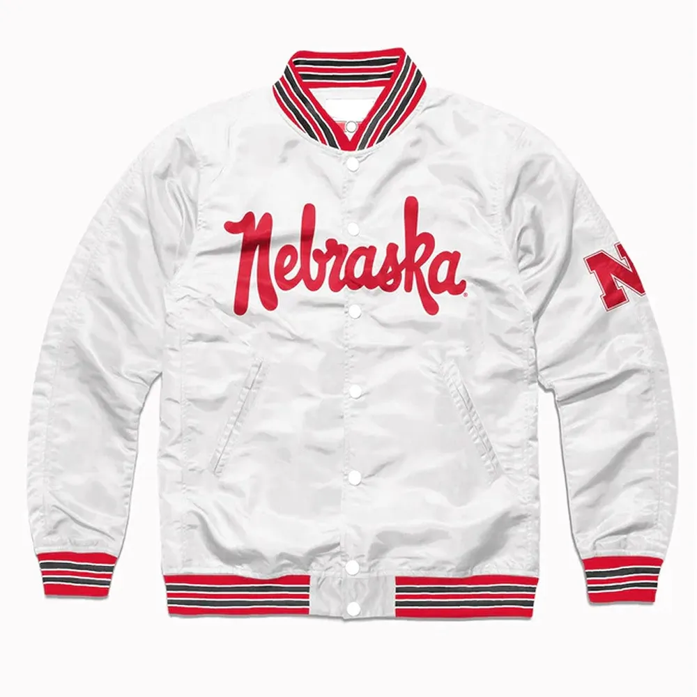 Script Nebraska Huskers White Varsity Real Satin Jacket